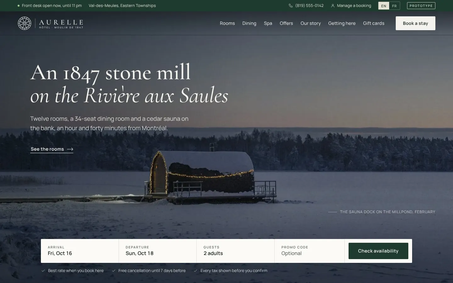 Hotel Aurelle website, home page